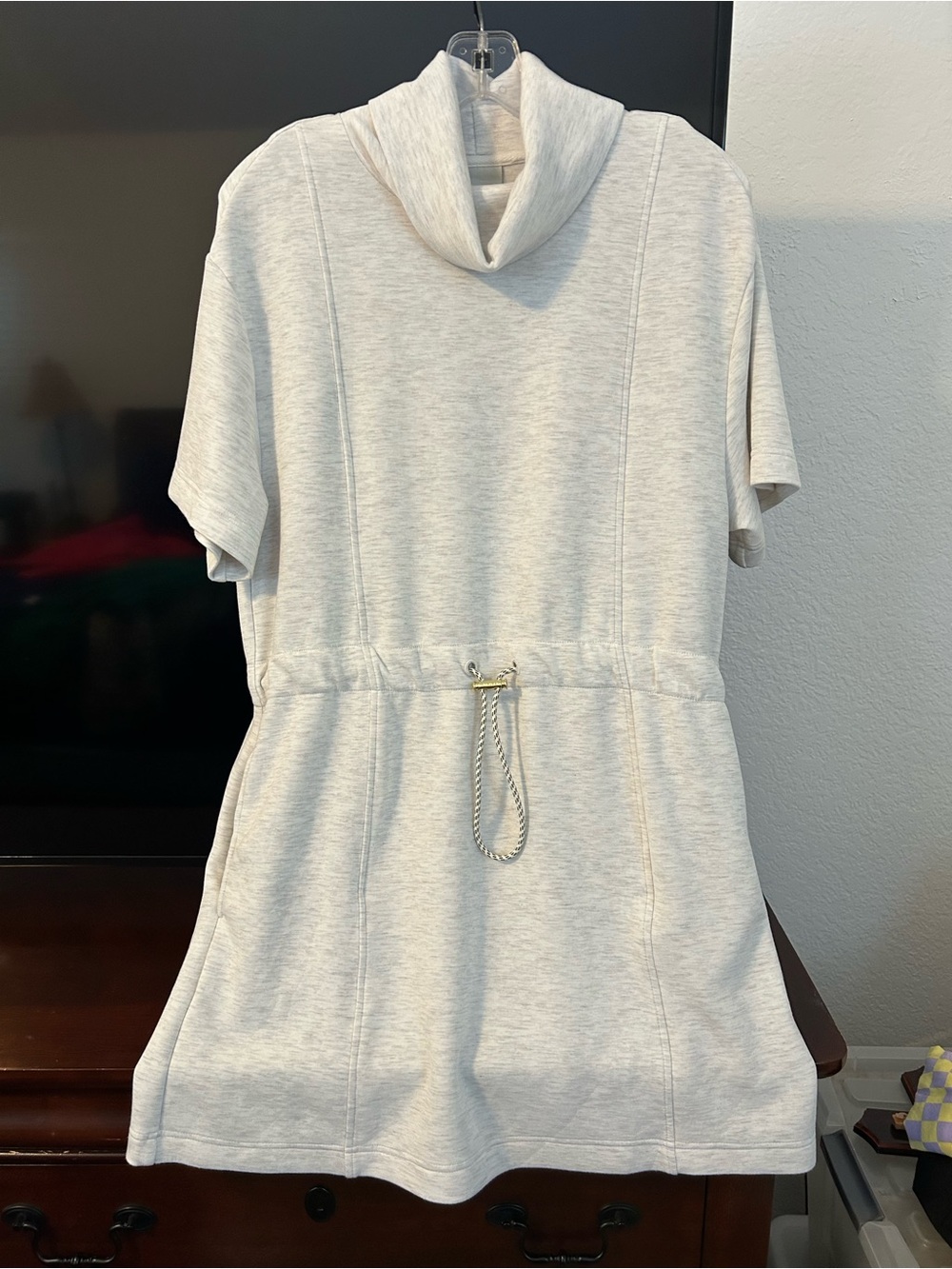 Varley Cream Short-Sleeve Drawstring Funnel Neck Mini Dress